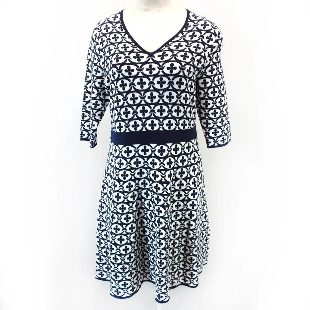 Boden Knit A-Line Dress Baroque-inspired Print V-Neck Soft Old Money Size 18